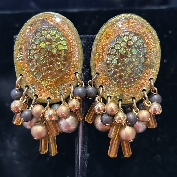 Vintage IKARAMI Iridescent Amber And Gold Beaded Earrings-Boutique - Picture 3 of 7